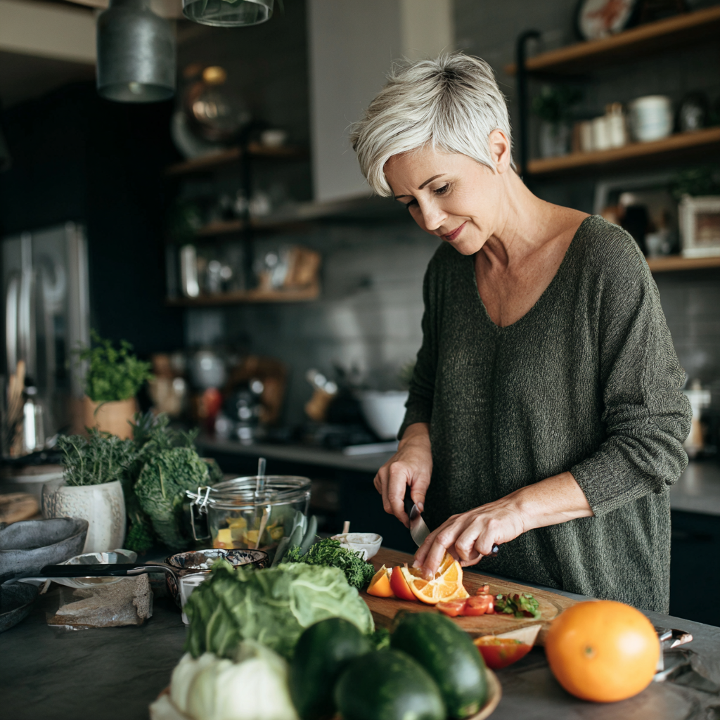 mature woman preparing healthy balanced meal in modern kitchen