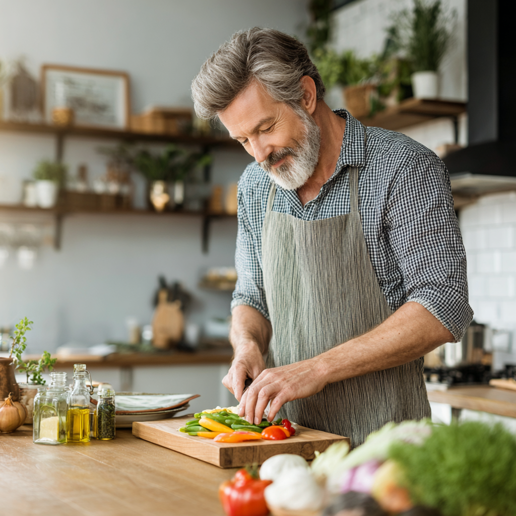middle-aged person cooking healthy vegetables in bright kitchen